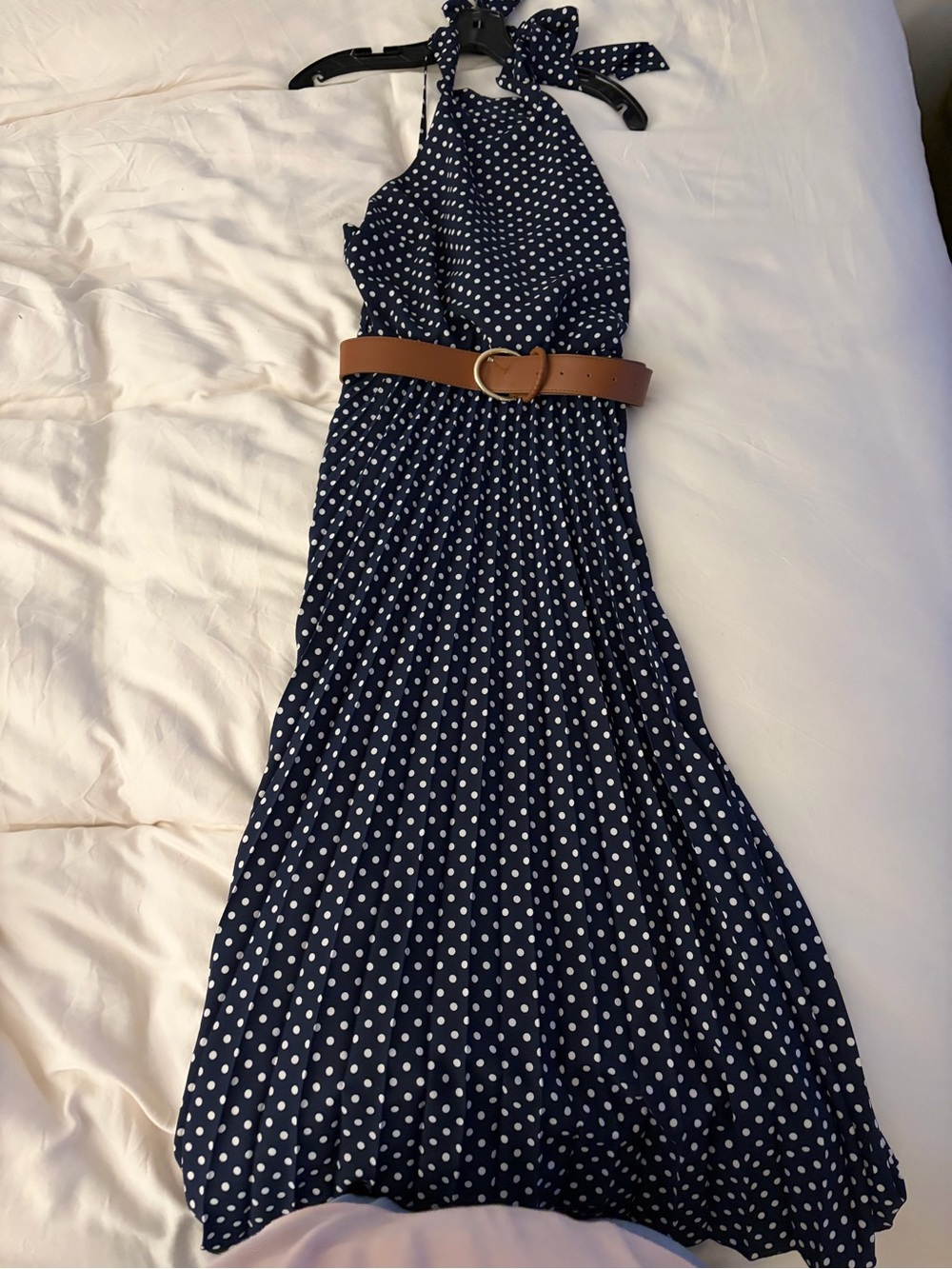 Zara Navy Polka Dot Halter Maxi Dress with detachable Belt